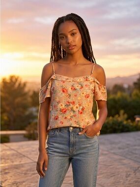 Brandy Melville Beige Floral Off-Shoulder Camisole with Ties